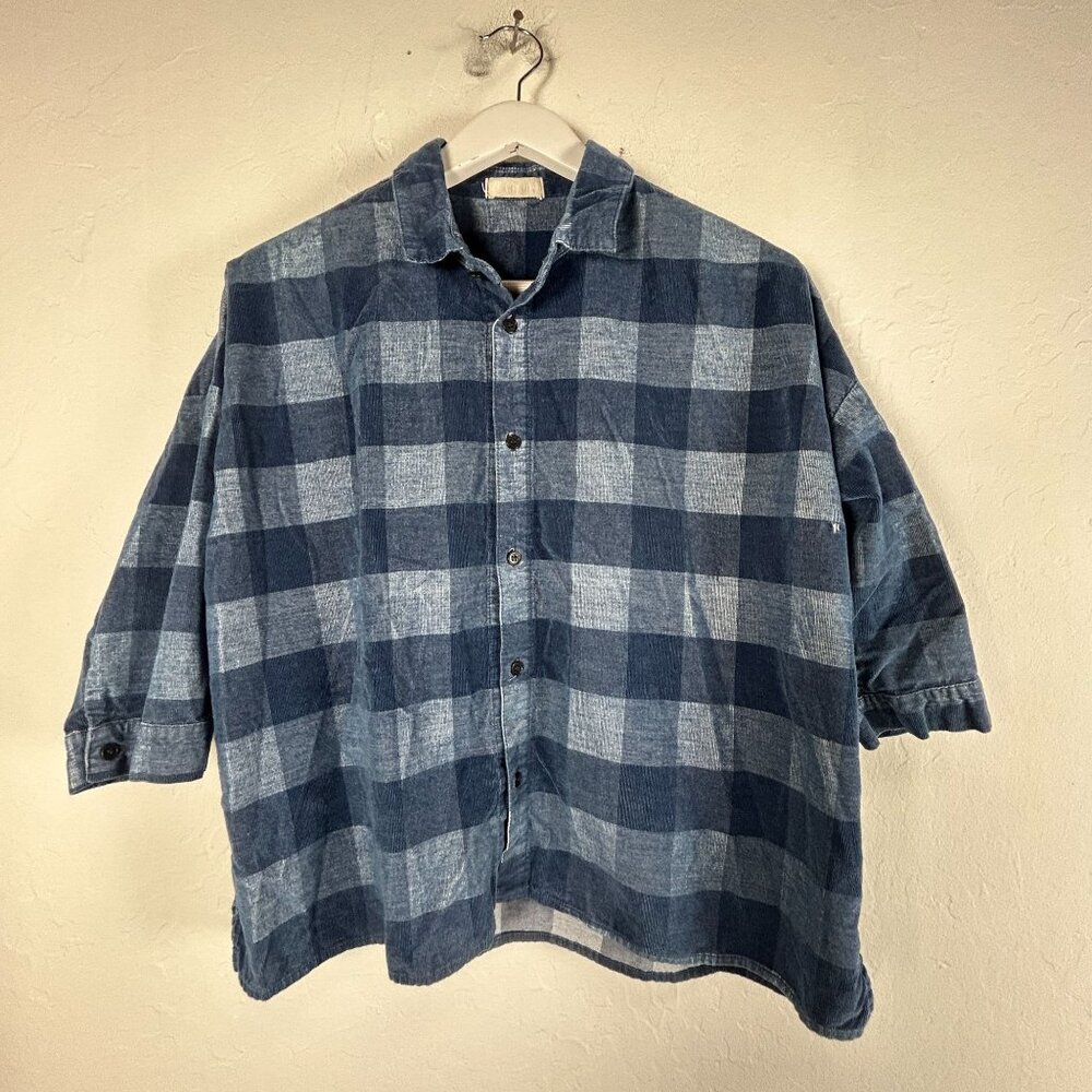 CP Shades Womens Blue Plaid 3/4 Sleeve Button-Up Shirt Blouse Large Relaxed Fit
